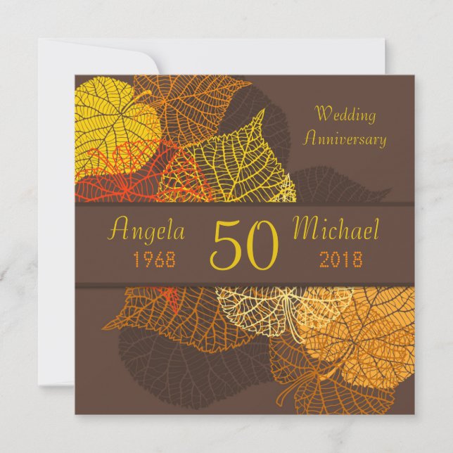Invitation Feuilles de mariage anniversaire automnales dorées (Devant)