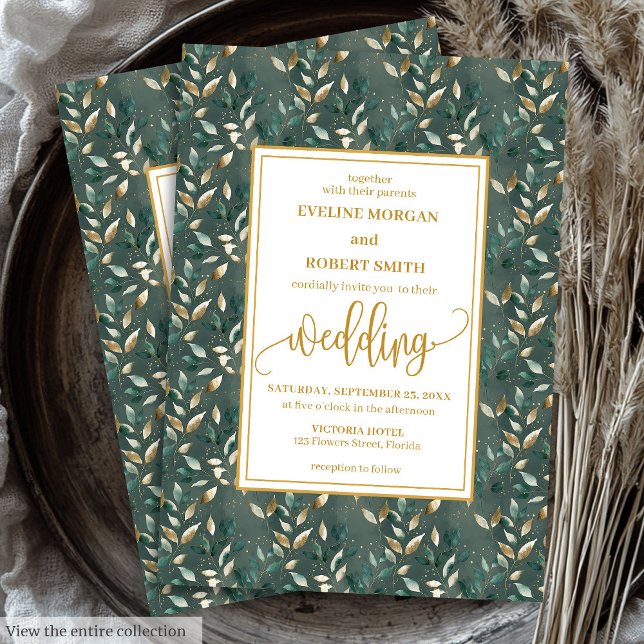 Invitation Feuilles de mariage de l'or foncé glamour invite (Glamorous Dark Green Gold Leaves Wedding Invitation)