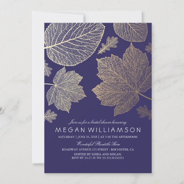 Invitation Feuilles de marine et d'or Fête des mariées d'auto (Devant)