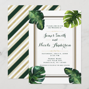 Invitation Feuilles de palmier tropical blanc vert et or mari