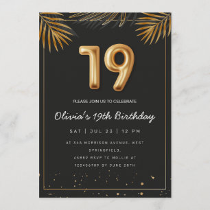 Invitation Feuilles de palmier tropical doré 19e anniversaire