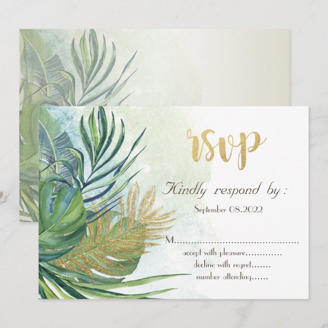 Invitation Feuilles de palmier Tropical Gold Été  RSVP   (Devant / Derrière)
