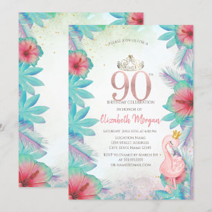 Invitation Feuilles de palmier tropicales Hibiscus Flamant ro