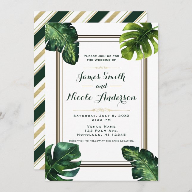 Invitation Feuilles de palmier tropicales Mariage blanc vert  (Devant / Derrière)