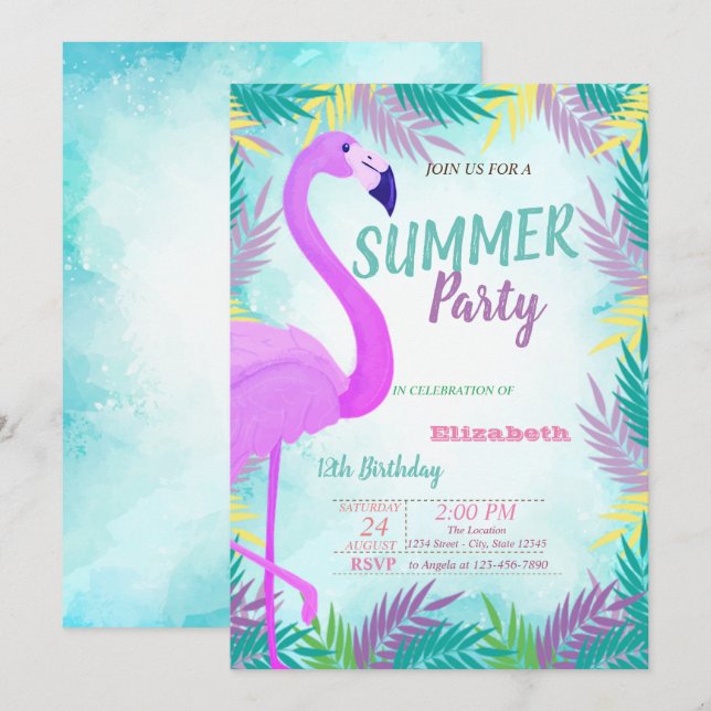 Invitation Feuilles de palmiers, Flamant rose, fête d'été (Devant / Derrière)