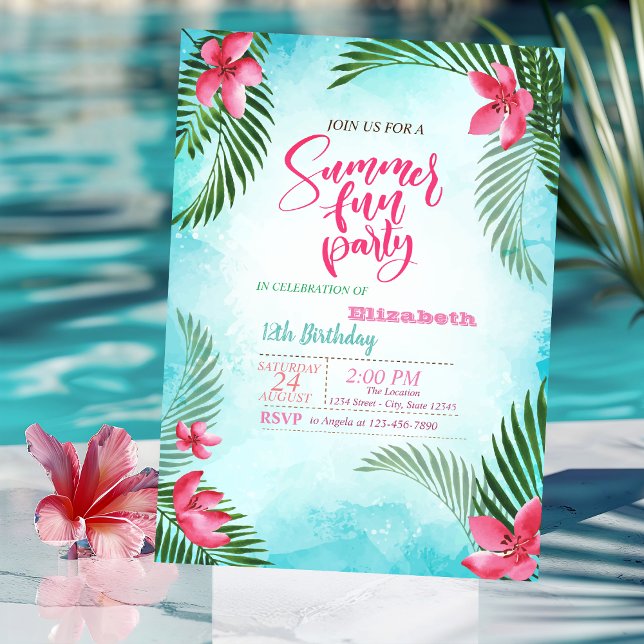 Invitation Feuilles de palmiers, Fleurs tropicales Fête d'été (Créateur téléchargé)