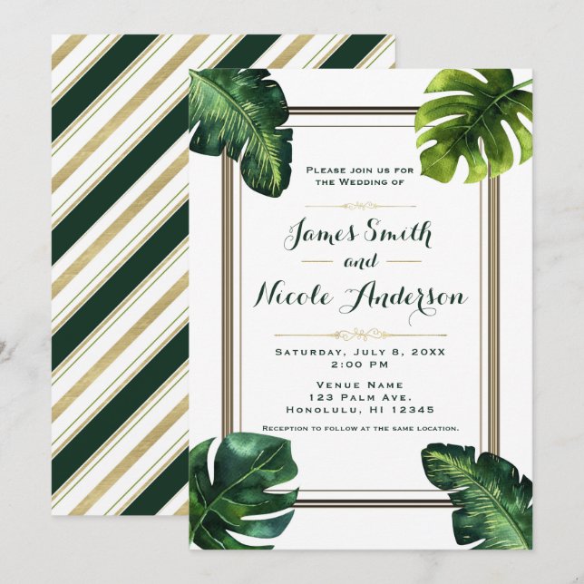 Invitation Feuilles de palmiers tropicaux mariage blanc vert  (Devant / Derrière)