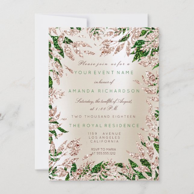 Invitation Feuilles de Parties scintillant en or Rose ivoire  (Devant)