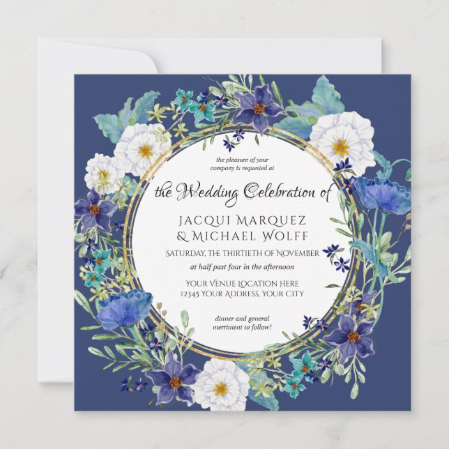 Invitation Feuilles de pavot à l'eau bleue dans le Mariage fl (Devant)