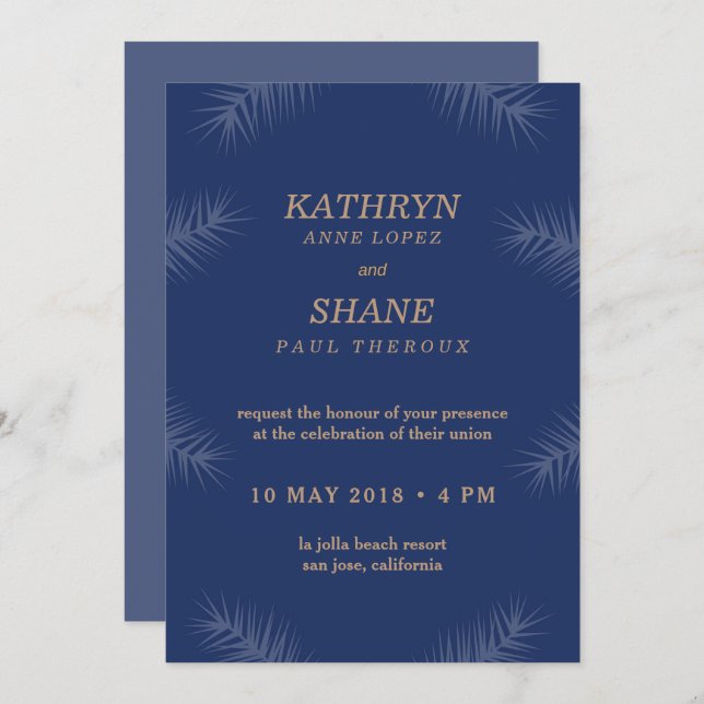 Invitation Feuilles de plage bleu foncé mariage (Devant / Derrière)
