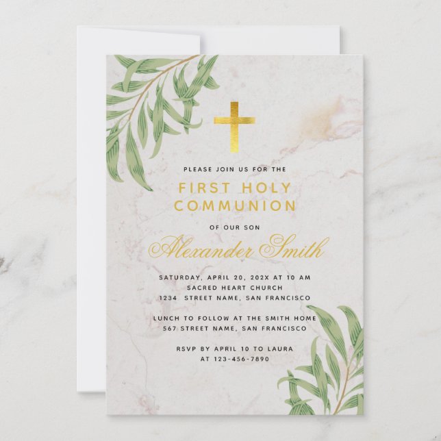 Invitation Feuilles de saule marbré d'or de première communio (Devant)