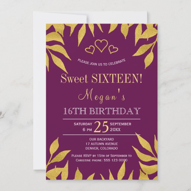Invitation Feuilles de sweet sixteen pourpres de mûrier doré (Devant)