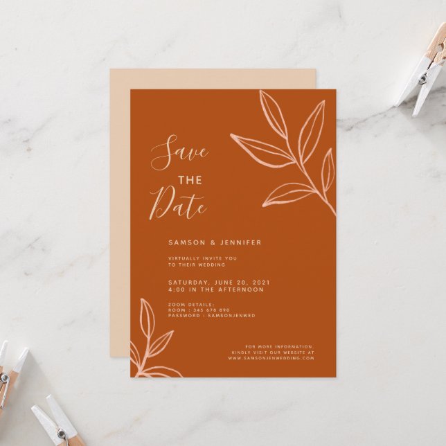 Invitation Feuilles de terre cuite Enregistrez la date Mariag (Devant/Arrière en situation)