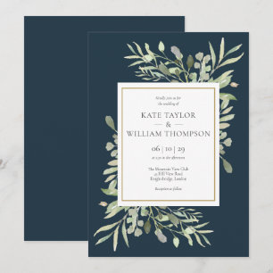 Invitation Feuilles de verdure Mariage Bleu Or Profonde Mer