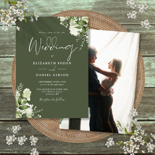 Invitation Feuilles de verdure vert olive Élégant Photo Maria