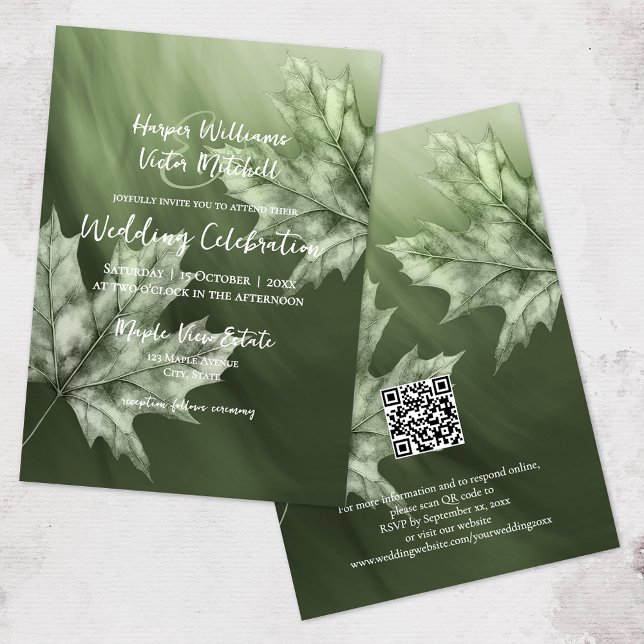 Invitation feuilles d'érable vert mousse foncé accent tout en (front & back of invitation )