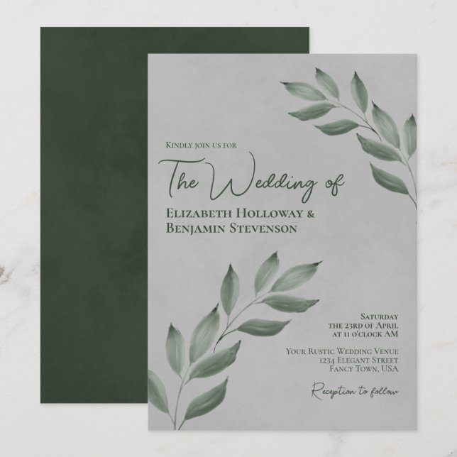Invitation Feuilles désireux Elégant Forest Green & Grey Mari (Devant / Derrière)