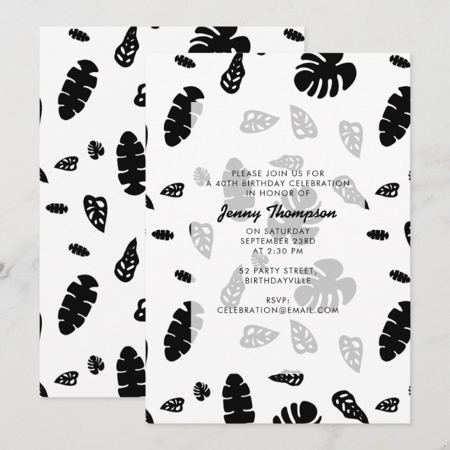 Invitation Feuilles d'été tropicaux noir et blanc (Devant / Derrière)
