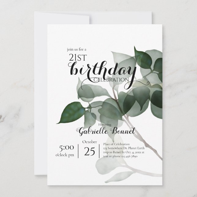 Invitation Feuilles d'Eucalyptus, fête d'anniversaire botaniq (Devant)