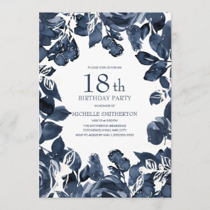 Invitation Feuilles d'indigo bleu marine pour 18 ans