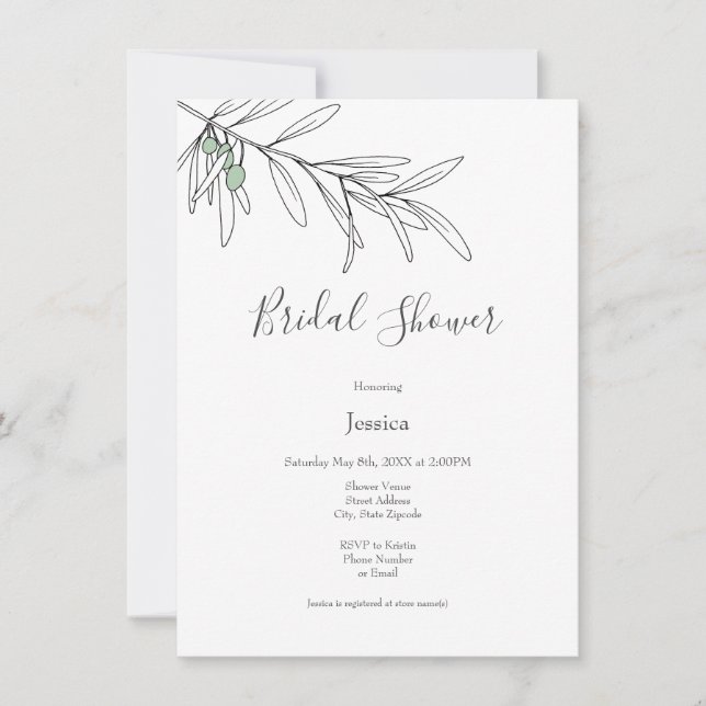 Invitation Feuilles d'olive vert dessinés à la main (Devant)