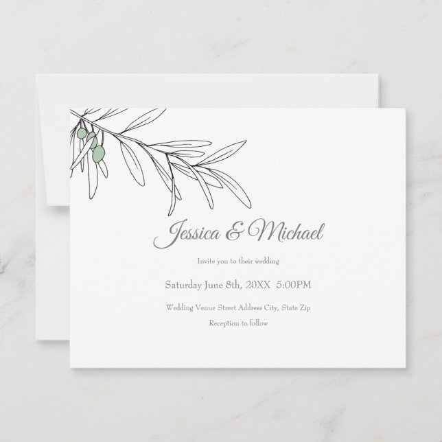 Invitation Feuilles d'olive vert dessinés à la main (Devant)