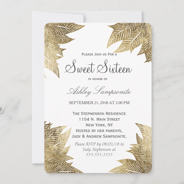 Invitation Feuilles d'or blanc moderne Sweet 16 (Devant)