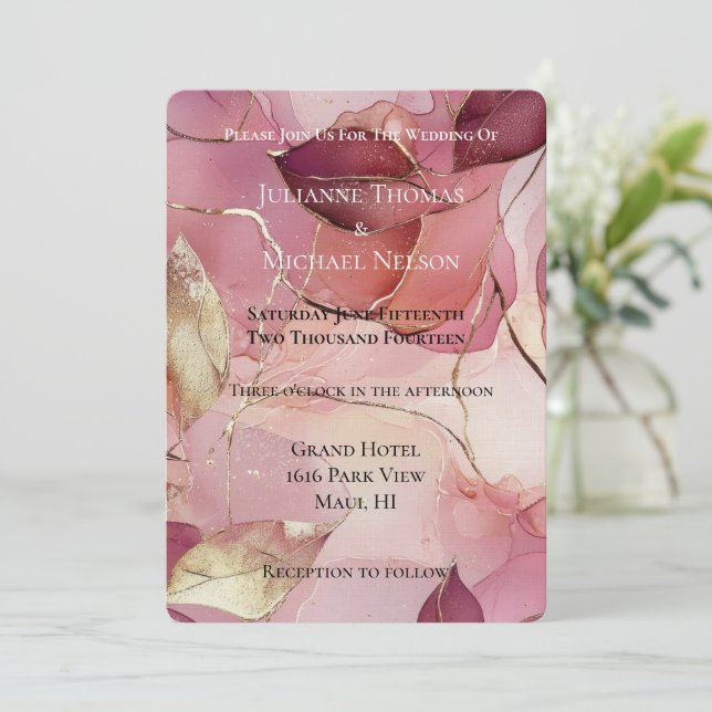 Invitation Feuilles d'or Bourgogne Blush Pink Mariage romanti (Debout devant)