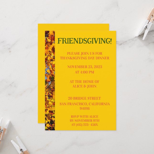 Invitation Feuilles d'or brillant Thanksgiving Friends (Devant/Arrière en situation)