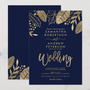 Invitation feuilles d'or chute typographie mariage bleu marin