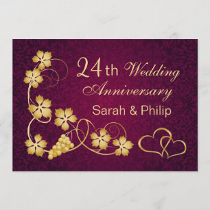 Invitation Feuilles d'or, coeur 24e anniversaire de Mariage