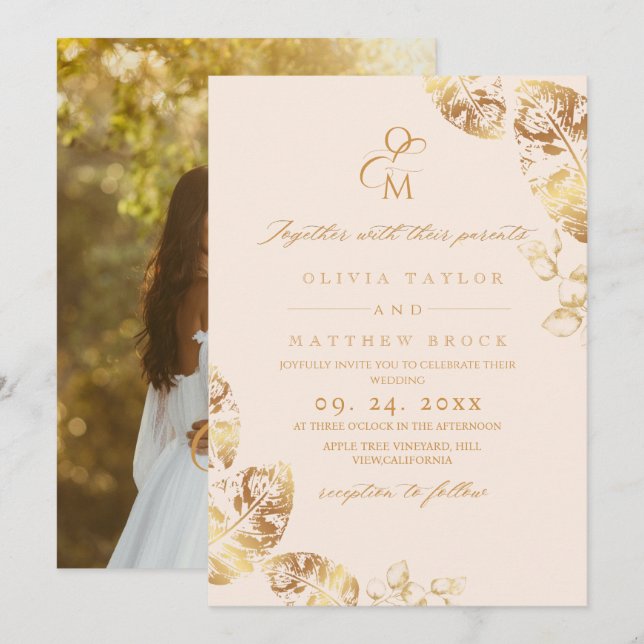 Invitation Feuilles d'or d'automne | Mariage botanique (Devant / Derrière)