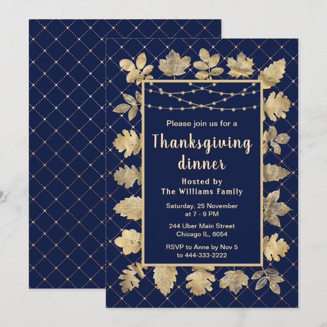 Invitation Feuilles d'or d'automne Thanksgiving Dinner Navy (Devant / Derrière)