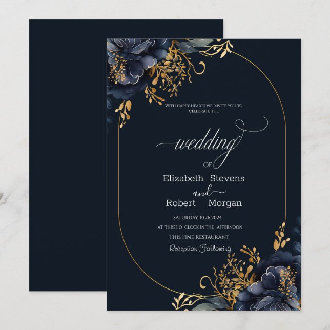 Invitation Feuilles d'or   de la marine Mariage de cadre (Devant / Derrière)