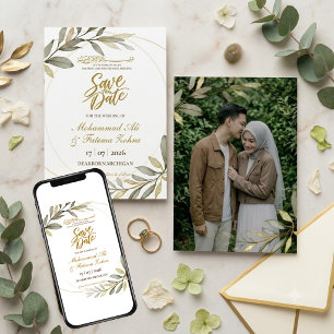 Invitation Feuilles d'Or Élégance Mariage Musulman Épargnez l