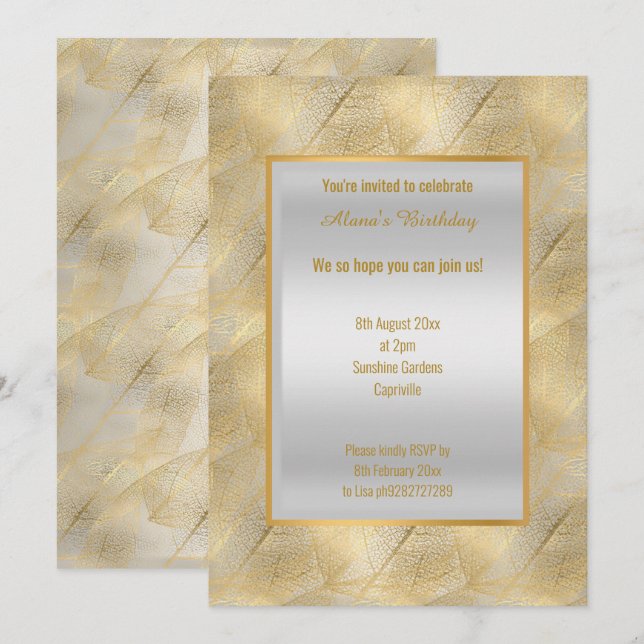 INVITATION FEUILLES D'OR ÉLÉGANTES MODERNES NOIR TOUTE OCCASI (Devant / Derrière)