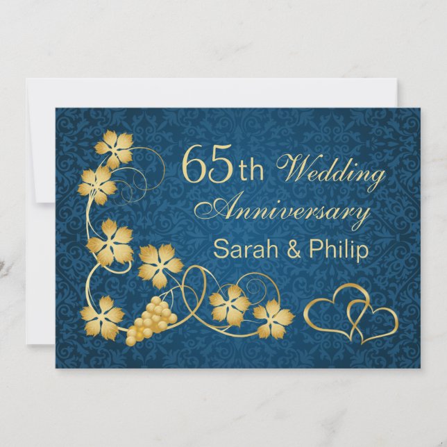 Invitation Feuilles d'or et cœurs unis 65e Anniversaire (Devant)