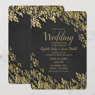 Invitation Feuilles d'Or et Craie Noire Élégance Mariage Rust