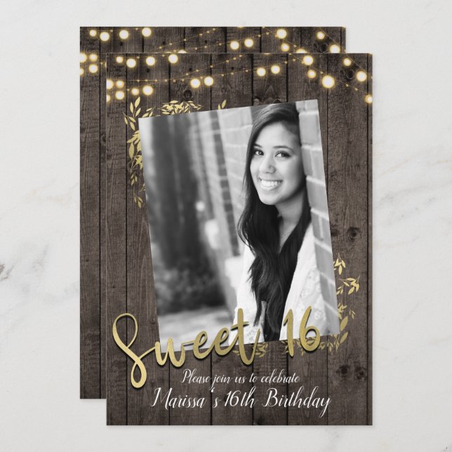 Invitation Feuilles d'or et lumières Rustique en bois foncé d (Devant / Derrière)