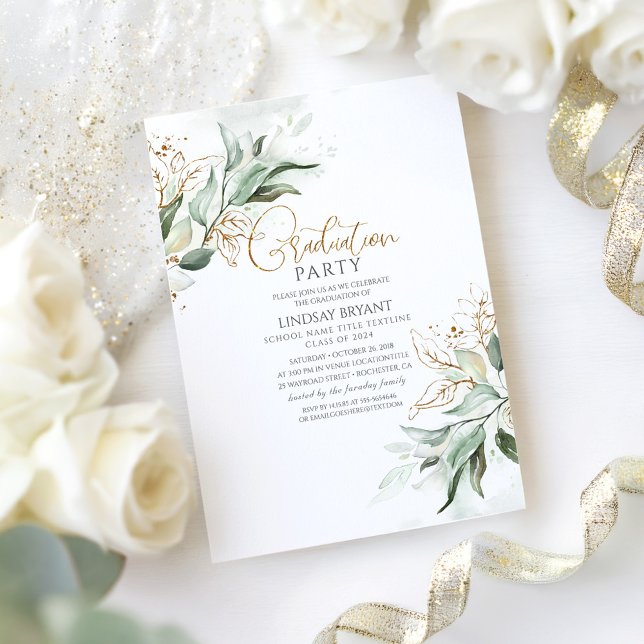 Invitation Feuilles d'or Eucalyptus vert doux Graduation (Boho Greenery Graduation Party Invitation)