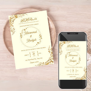 Invitation Feuilles d'or Ornat Mariage musulman Nikah Walima