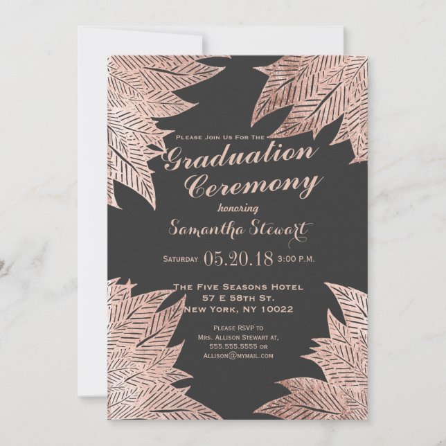 Invitation Feuilles d'or rose à la cérémonie de graduation no (Devant)