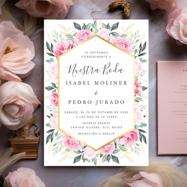 Invitation Feuilles d'or rose Floral Nuestra Boda Mariage (Créateur téléchargé)