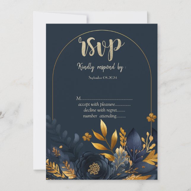 Invitation Feuilles d'or RSVP Marine Blue Flowers (Devant)