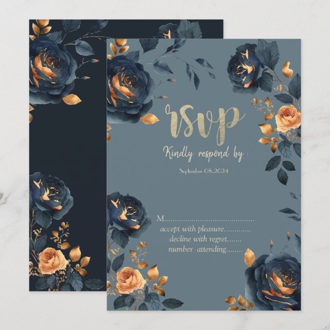 Invitation Feuilles d'or RSVP Marine Blue Flowers (Devant / Derrière)