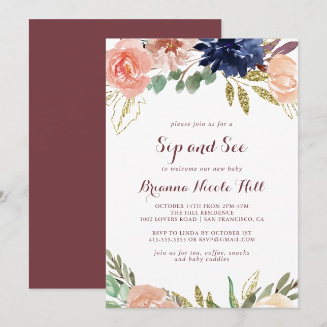 Invitation Feuilles d'or rustique Calligraphie florale Sip et (Devant / Derrière)