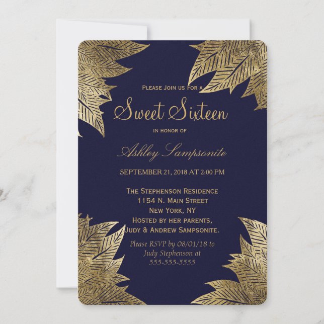Invitation Feuilles d'or sur la Marine Blue Sweet 16 Invitati (Devant)