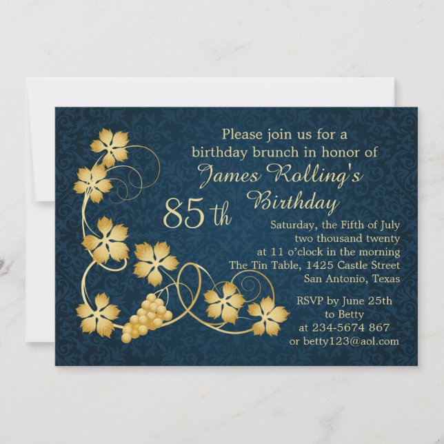 Invitation Feuilles d'or sur la vigne, damas bleu 85e anniver (Devant)