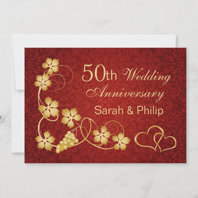 Invitation Feuilles d'or, vigne, cœurs 50e anniversaire de ma (Devant)