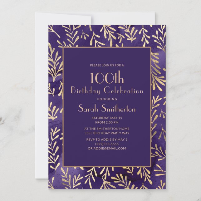 Invitation Feuilles d'or violet élégant 100e anniversaire (Devant)